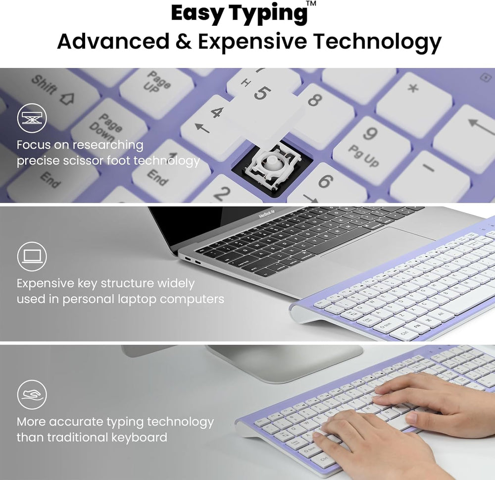 Wireless Keyboard and Mouse Combo, Compact Full Size Wireless Computer Keyboard and Mouse Set 2.4G Ultra-Thin Sleek Design for Windows, Computer, Desktop, PC, Notebook - Purple