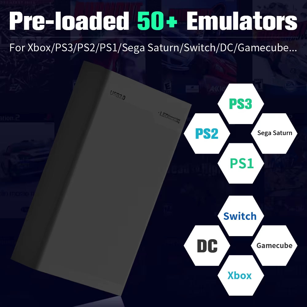 500G Game Hard Drive with 38000+Games for Xbox/Ps3/Ps2/Gamecube/Wii/Wiiu/Switch 3 System in 1 Plug&amp;Play Game Consoles for WIN PC