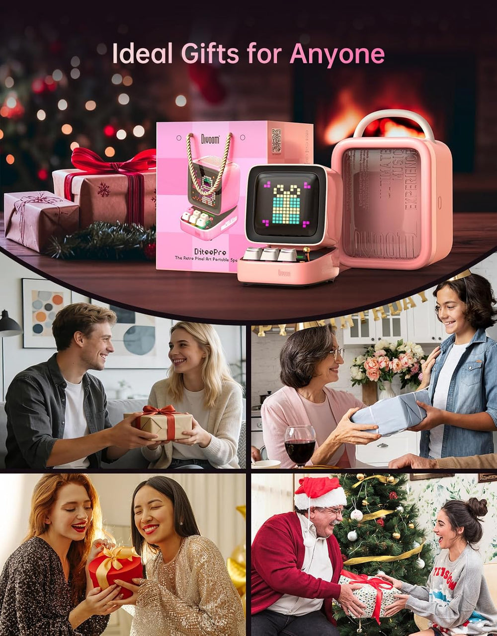 Ditoo Retro Pixel Art Game Bluetooth Speaker with 16X16 LED App Controlled Front Screen (Pink)