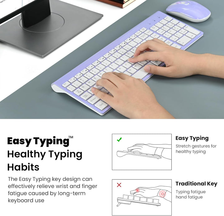 Wireless Keyboard and Mouse Combo, Compact Full Size Wireless Computer Keyboard and Mouse Set 2.4G Ultra-Thin Sleek Design for Windows, Computer, Desktop, PC, Notebook - Purple